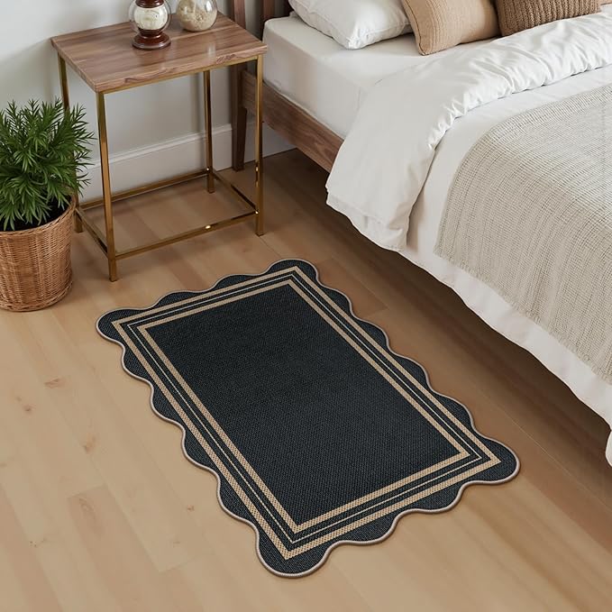 Easy Jute Black Kitchen Rug, 2x3 Front Door Mat Washable Non Slip Small Entryway Rug, Indoor Outdoor Farmhouse Scalloped Doormat for Bathroom Doorway Porch