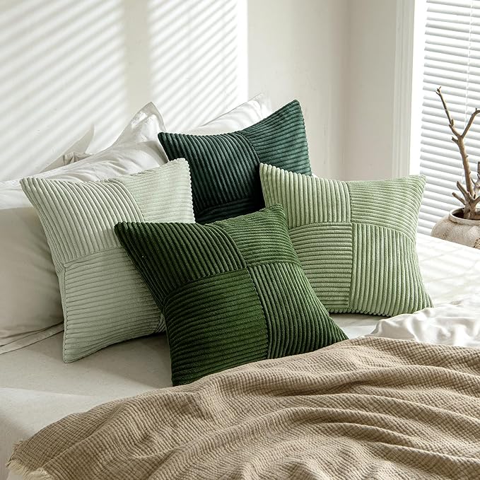 MIULEE Spring Green Decorative Throw Pillow Covers 16x16 Inch Set of 4 Boho Farmhouse Cushion Covers Mordern Nordic Pillow Cases Soft Corduroy Gradient Home Decor for Couch Sofa Living Room Bed