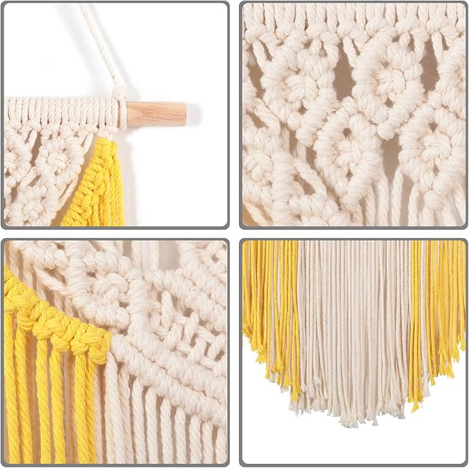 RLoncomix Macrame Wall Hanging Art Woven Wall Decor Cotton Bohemian Chic Macrame Tapestry for Bedroom Livingroom Apartment Dorm Nursery Gallery Decoration, Yellow, 14" Wx24 L
