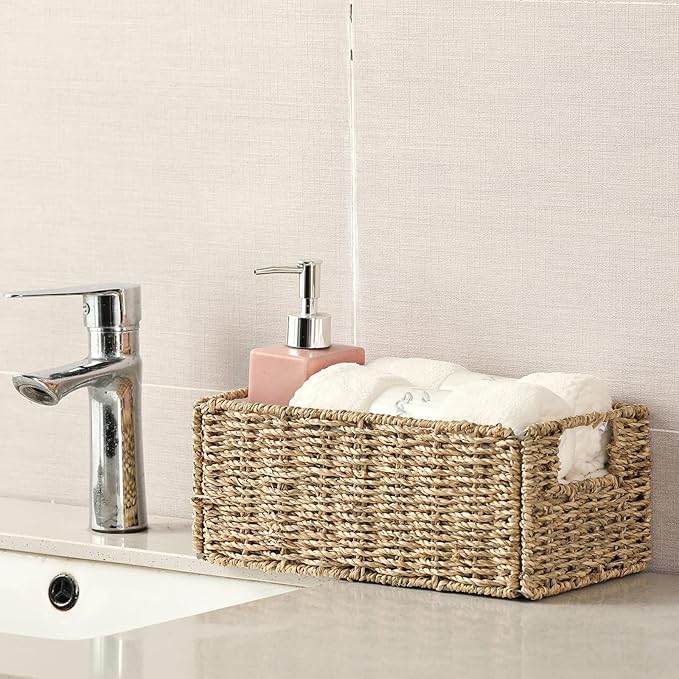 Vagusicc Wicker Storage Basket, Set of 2 Hand-Woven Storage Baskets for Organizing, Small Wicker Basket for Toilet Paper, Foldable Large Cube Storage Organizer Basket Bins for Shelves (Sea Grass)