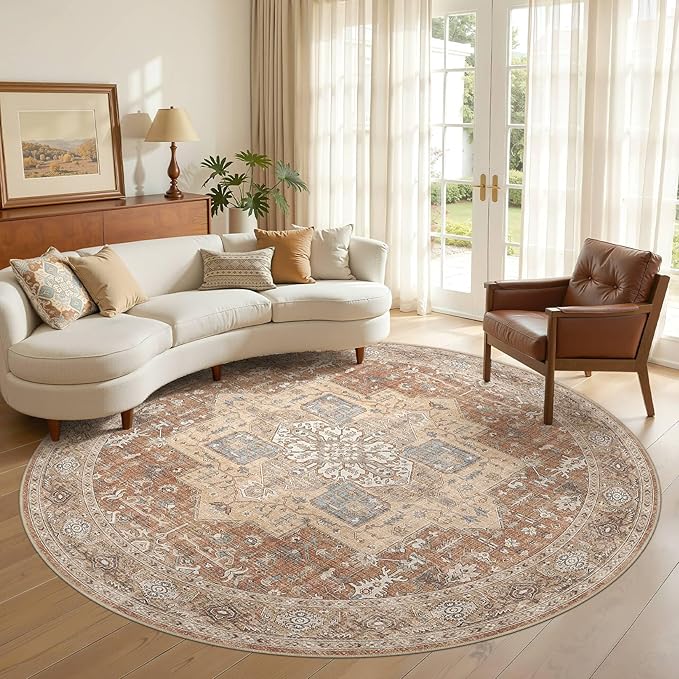 Round Washable Area Rug 8ft, Boho Vintage Distressed Oriental Medallion, Neutral Blue, Thin Carpet for Living Room Bedroom Home Office Decor