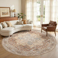 Round Washable Area Rug 8ft, Boho Vintage Distressed Oriental Medallion, Neutral Blue, Thin Carpet for Living Room Bedroom Home Office Decor