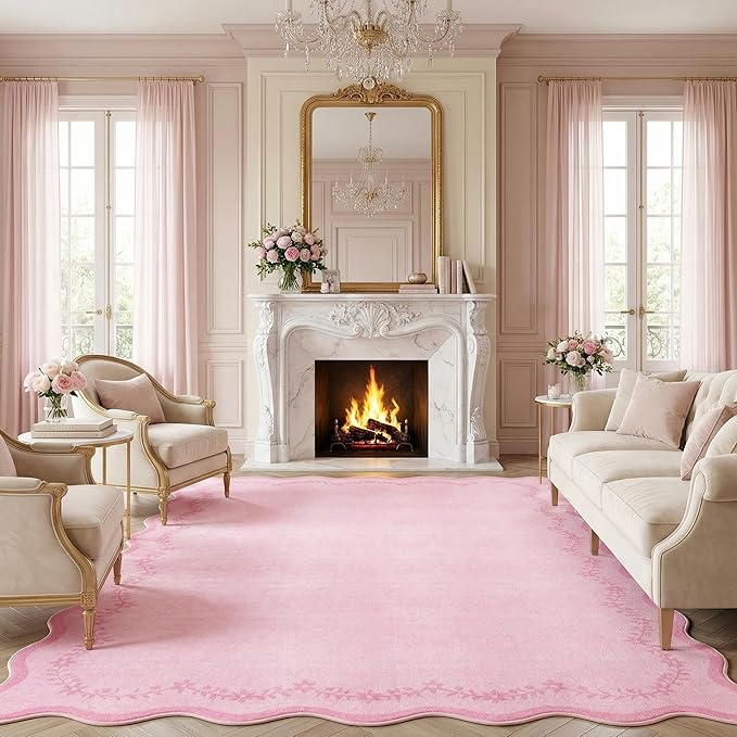 GarveeHome Valentines Scalloped Area Rugs 8x10 for Girls Bedroom, Solid Pink Large Washable Rug Soft Non Slip Backing Floor Mat Carpet Indoor Thin Rug for Living Room Dining Room Playroom Nursery