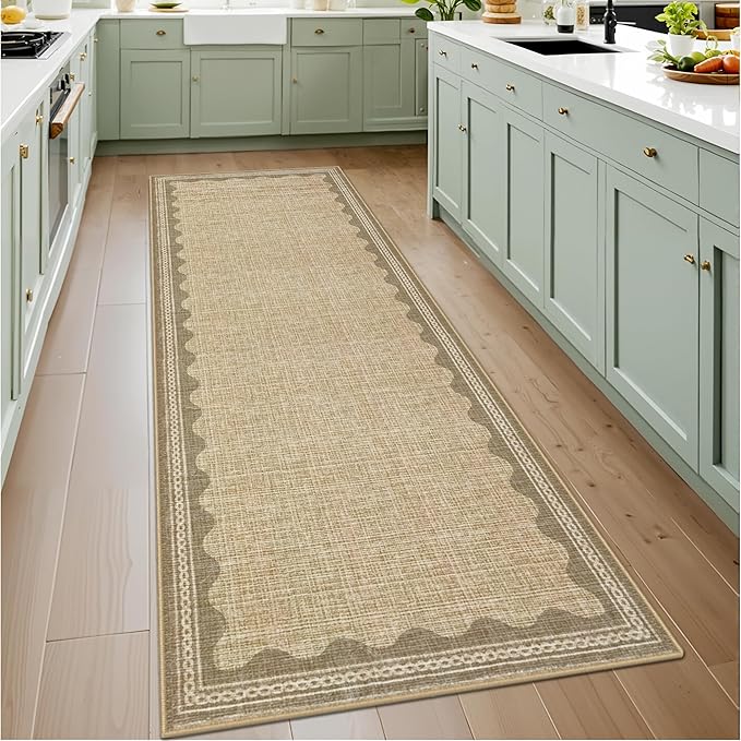 GarveeHome Scalloped 2x10 Runner Rug for Hallway Washable Kitchen Rugs Non Slip Solid Tan Jute Digital Printing Modern Soft Low-Pile Rugs for Entryway Laundry Room Floor Mats