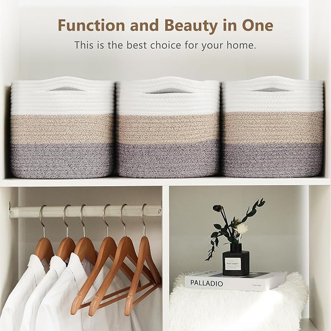 Cotton Rope Storage Basket, 15x10x9 Inches, Woven Basket for Shelves, Clothes, Towels, Books, and Laundry, White Brown (3 Pack)
