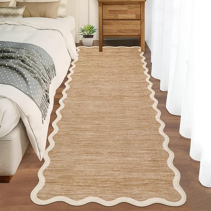 GarveeHome Scalloped Runner Rug for Kitchen Non Slip 2'6''x8' Washable Rugs with Rubber Backing Modern Entryway Rug Farmhouse Soft Bathroom Rugs Stain Resistant Carpet for Hallway Laundry Bedroom