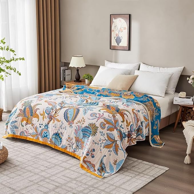 Boho Blanket for Bed 100% Cotton Bohemian Throw Blankets Ultra Soft Woven Muslin Decorative Blankets All Seasons Vintage Quilt Knitted Blanket for Sofa Chair(Beige, 80"x90")