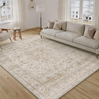 10x12 Beige Area Rug Vintage Living Room Bedroom Washable Carpet Non-Slip Soft Low Pile Distressed Indoor Large Throw Rug for Dining Room Office