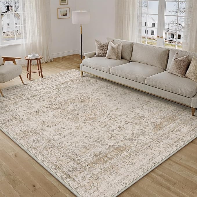 10x12 Beige Area Rug Vintage Living Room Bedroom Washable Carpet Non-Slip Soft Low Pile Distressed Indoor Large Throw Rug for Dining Room Office