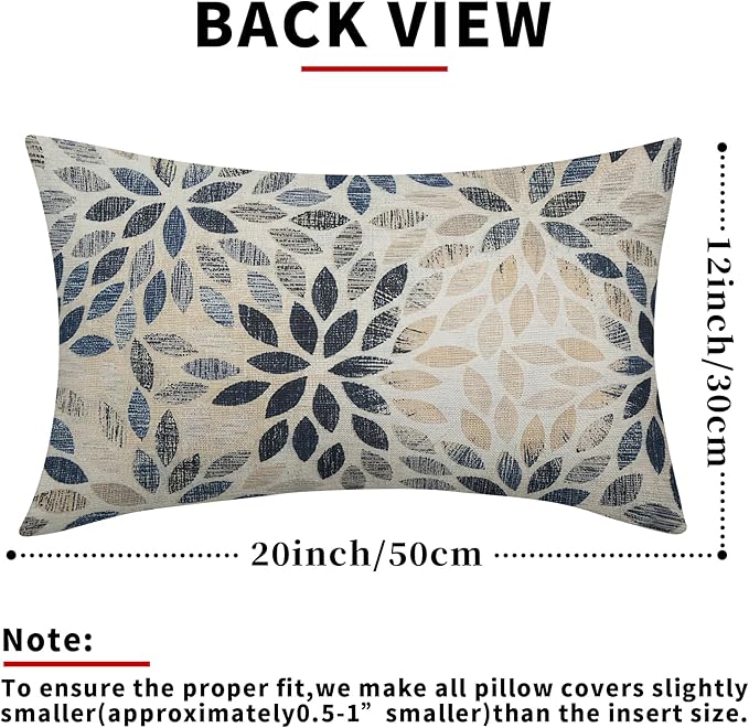 Kawani Navy Blue Dahlia Lumbar Pillow Covers 12X20 Inch Rustic Geometric Flower Decorative Pillow Cases Set of 2 Beige Tan Gray Floral Throw Pillows for Cushion Sofa Couch Farmhouse Outdoor