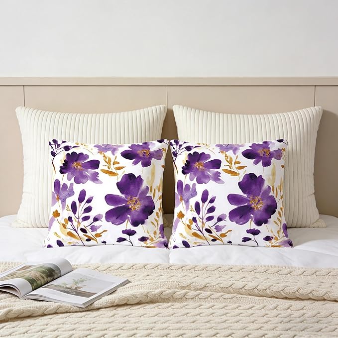Purple Gold Watercolor Floral Throw Pillow Covers 18x18 Set of 2, Boho Gold Accent Flower Decorative Pillowcases, Spring Easter Farmhouse Cushion Covers for Couch Sofa Bedroom Living Room Home Decor