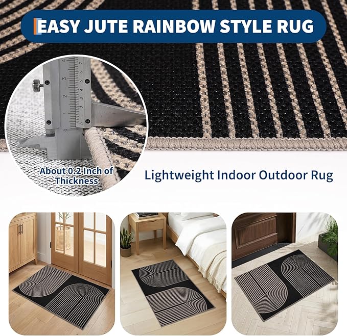 GarveeHome Modern Rainbow Easy Jute Rug, 2x3 Entryway Rug Indoor Outdoor Front Door Mat Neutral Non Slip Non Shedding Washable Farmhouse Kitchen Mat
