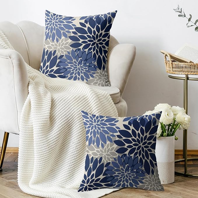Blue Grey Gray Pillow Covers 16X16 Inch Set of 2, Dahlia Flower Spring Summer Floral Cream Decorative Throw Pillow Covers Outdoor Modern Farmhouse Cushion Case for Home Couch Sofa Bed Decor