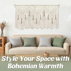 Extra Large Macrame Wall Hanging 70.8" × 39" Boho Tapestry Woven Decor- Cotton Tassel Curtain Beige Chic Bohemian Wall Art for Home Living Room Bedroom Dorm Wedding (Includes Rod)