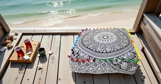 CRAFT KALA Black Elephant Flower Large Hippie Mandala Meditation Floor Ottoman Pillow Cushion Pouf Cover Square Poufs Bohemian Floor Cushion Case Outdoor Fireplace Living Room Decor Cover 18" Square