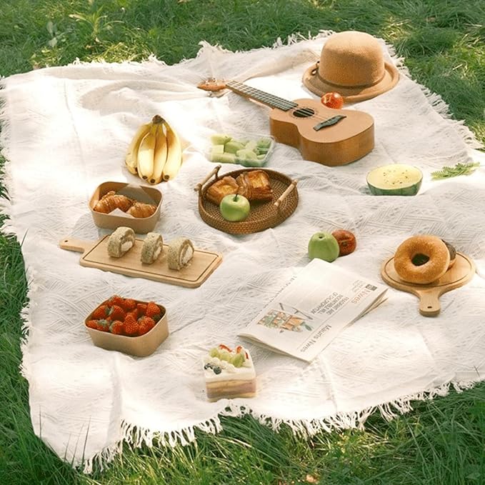 165 × 71 Inches Extra Large Outdoor White Picnic Blanket Bohemia Oversize Beach Blanket with Fringe Machine Washable Portable for Spring Summer Camping Beach, Grass Lawn, Park