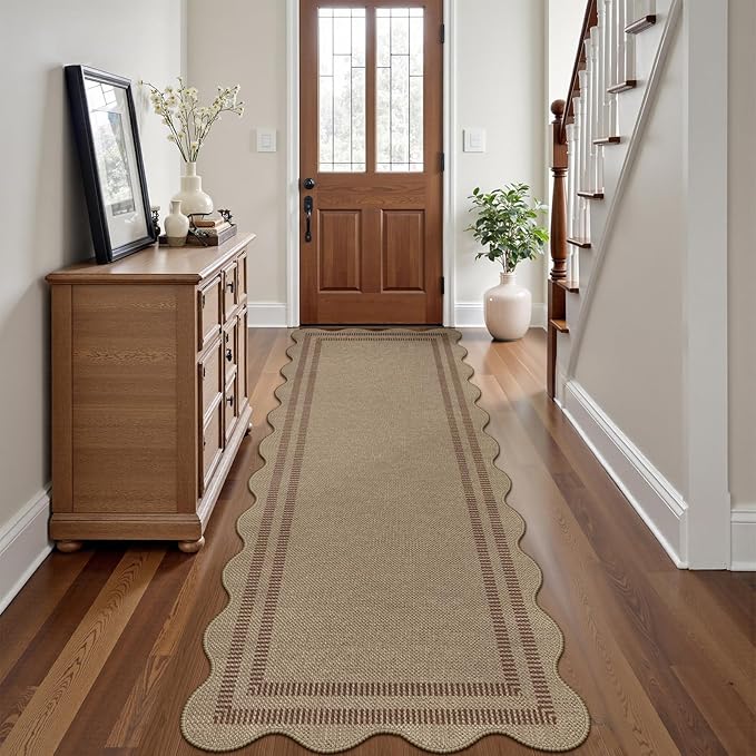 Scalloped Easy Jute Hallway Runner Rug, 2.6x8 Kitchen Non Slip Runner Washable Outdoor Indoor Long Rug, Farmhouse Morden Carpet for Porch Bedroom Laundry