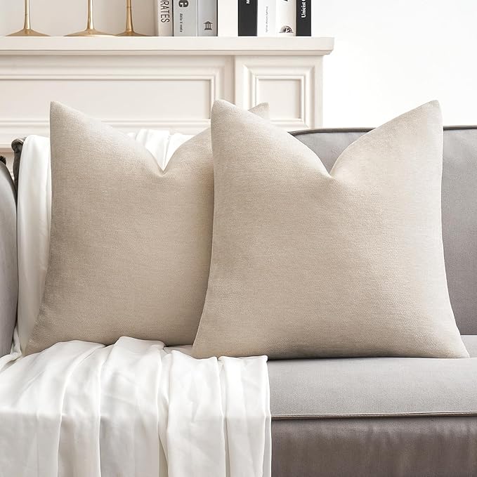 MIULEE Pack of 2 Cream Decorative Pillow Covers 18x18 Inch Soft Chenille Couch Spring Throw Pillows Farmhouse Cushion Covers for Home Decor Sofa Bedroom Living Room