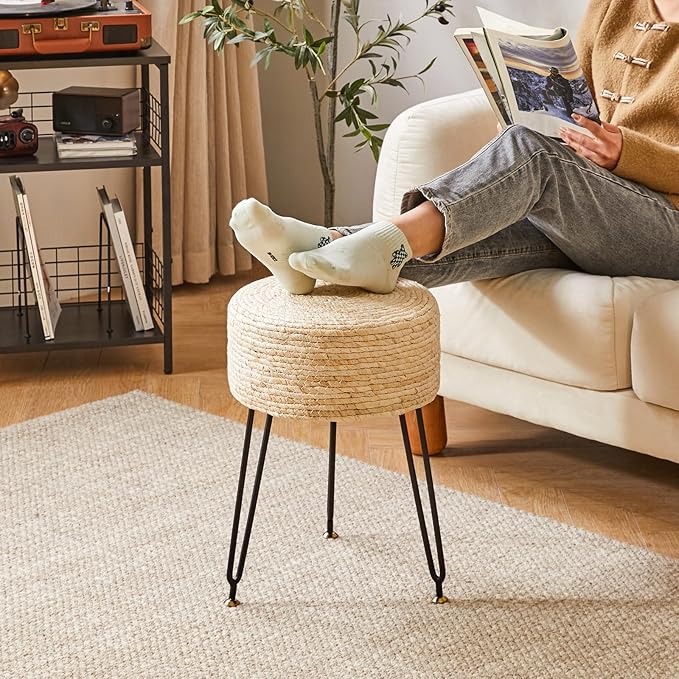 YMYNY Pouf Ottoman, Handmade Natural Water Hyacinth, Pastoral Style Footrest, Footstool with 4 Metal Legs Round Vanity Stool for Bedroom, Hallway, Living Room 12.59"L×12.59"W×17.71"H Beige UHBD029M