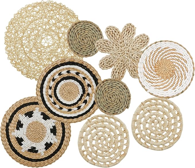 HJJWNDDNG 9 Pack Boho Wall Basket Decor Set, Hanging Woven Seagrass Rattan Wicker Boho Wall Decor, Round Farmhouse Wall Hanging Baskets Rustic Flat Wall Art for Living Room Bedroom Kitchen (Style 9)