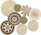 HJJWNDDNG 9 Pack Boho Wall Basket Decor Set, Hanging Woven Seagrass Rattan Wicker Boho Wall Decor, Round Farmhouse Wall Hanging Baskets Rustic Flat Wall Art for Living Room Bedroom Kitchen (Style 9)
