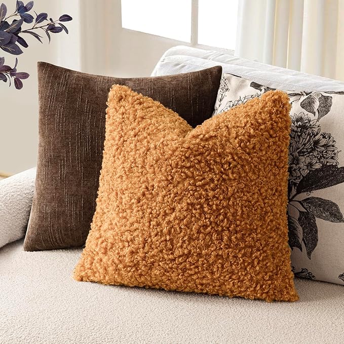 Foindtower 2 Pieces 26x26 Inch Orange, Faux Fur Throw Pillow Cover Accent Sherpa Furry Pillow Covers Fuzzy Soft Pillowcases Cozy Sheepskin Decorative Fleece Cushion Case for Bed Couch Living Room