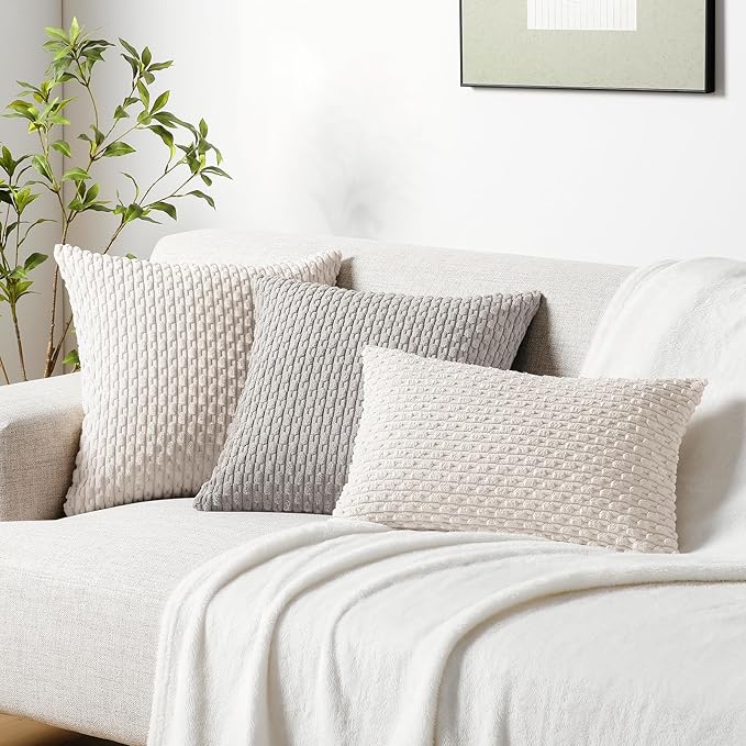 Softalker Throw Pillow Covers 16x16 Inch, Set of 2, Soft Corduroy Boho Stripe Decorative Pillow Cover, Couch Fluffy Pillow Cover for Farmhouse Home Decor Bed Living Room, Grey