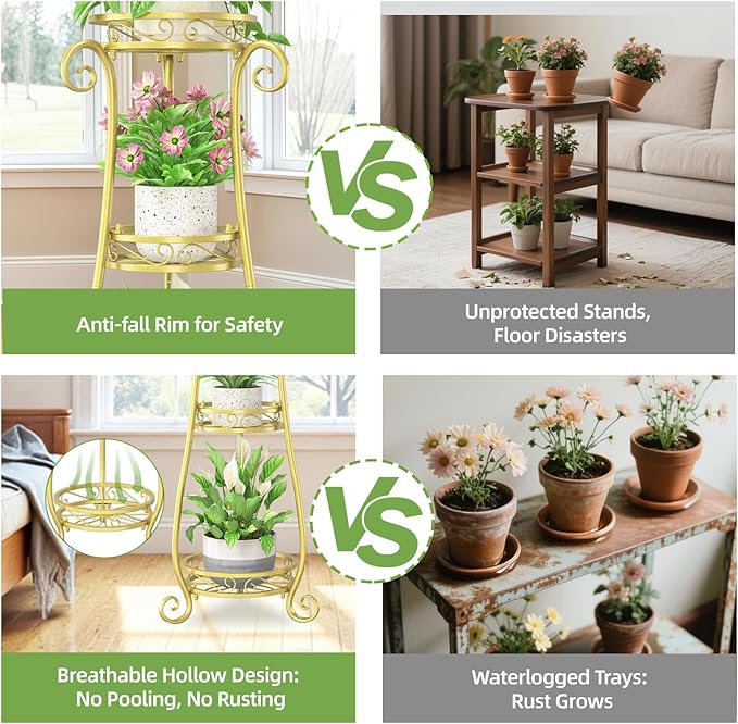 iDavosic.ly 3 Tier Metal Plant Stand Indoor Outdoor, Wrought Iron Corner Tall Flower Pot Holder Shelf, 34 Inch Vertical Heavy Duty Display Rack for Patio Porch Living Room Garden, Gold