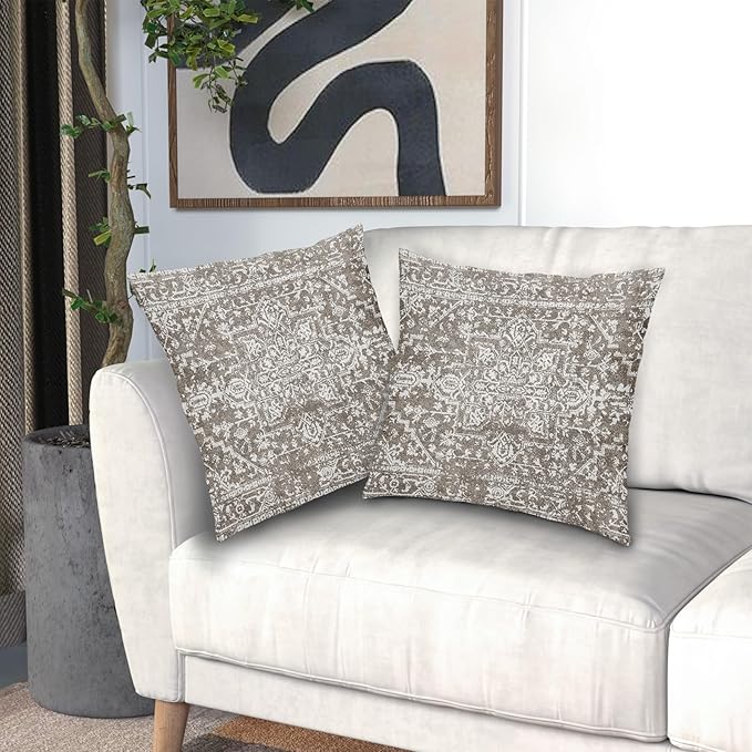 Taupe Gray Ethnic Boho Throw Pillow Covers 24x24 Inch Decorative Square Bohemian Carpet Pattern Vintage Pillow Cases Grey Floral Cushion Covers Farmhouse Home Decor For Sofa Couch Outdoor Set of 2