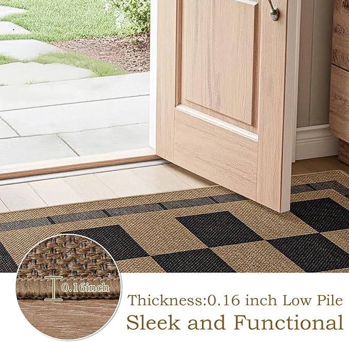 Checkered Jute Rugs, 6x9 Large Washable Outdoor Patio Rug, Living Room Bedroom Dining Room Indoor Carpet, Non Slip Modern Farmhouse Design Neutral Geometric Porch Classroom Mat, Black and Brown