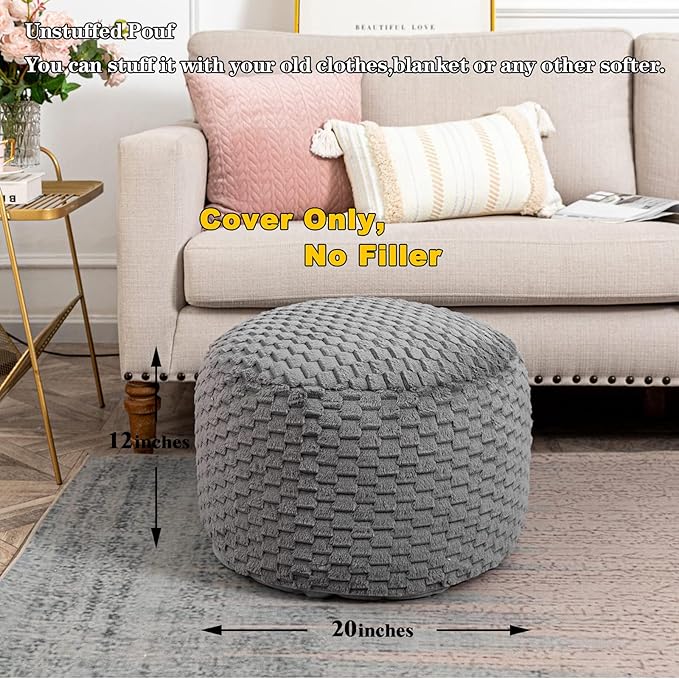 Fur Ottoman Stool Unstuffed Footstool Cover Pouf Foot Rest 20x20x12 Inches Round Poof Seat Floor Bean Bag Chair Foldable Storage for Living Room Bedroom Solid Grey