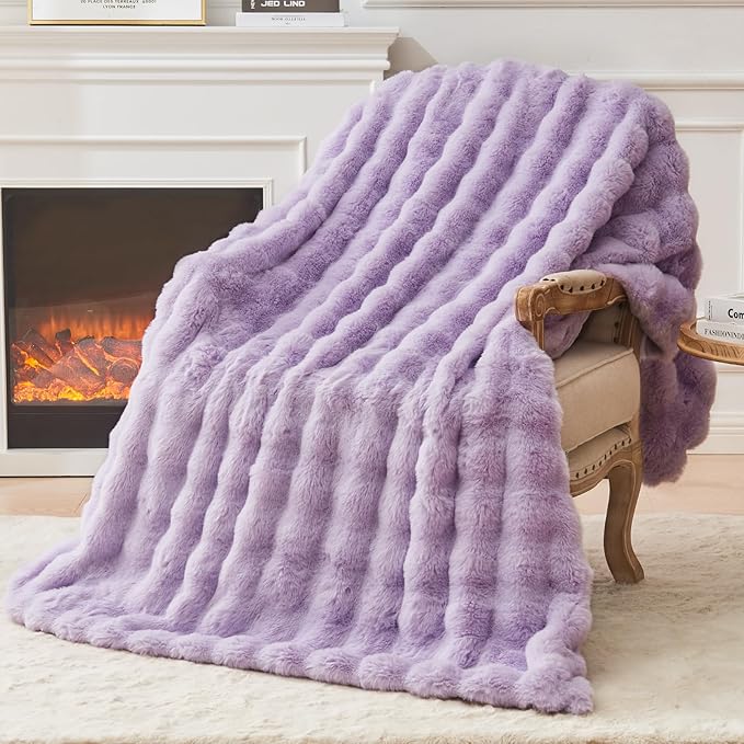 EMME Faux Fur Blanket King Size Purple - Big Bubble Rabbit Cozy Blanket for Couch, Thick Furry Plush Shaggy Blankets, 650GSM, 108x90 Inches