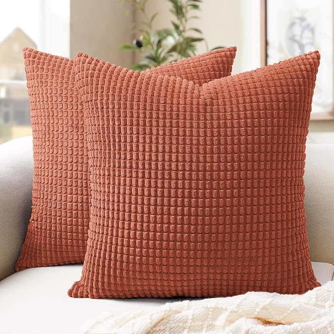 Softalker Fall Decorative Throw Pillow Covers 22 x 22 Inch, Set of 2, Thanksgiving Autumn Harvest Super Soft Corduroy Boho Striped Pillowcases for Couch Sofa Living Room Bed Home Decor, Burnt Orange