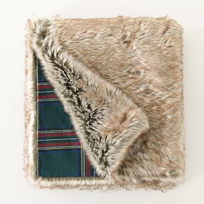 HORIMOTE HOME Luxury Plush Faux Fur Throw Blanket with Green Plaid Pattern, Super Warm, Fuzzy, Elegant, Fluffy Decoration Christmas Holiday Blanket for Couch, Armchair, Sofa and Bed, 50''x 60''