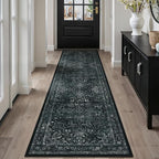 Black White 2x8 Kitchen Runner Rug, Washable Non Slip Hallway Entryway Runner Indoor, Low Pile Vintage Medallion Distressed Carpet Runners 8ft for Bedroom Bedside/Laundry Room/Bathroom