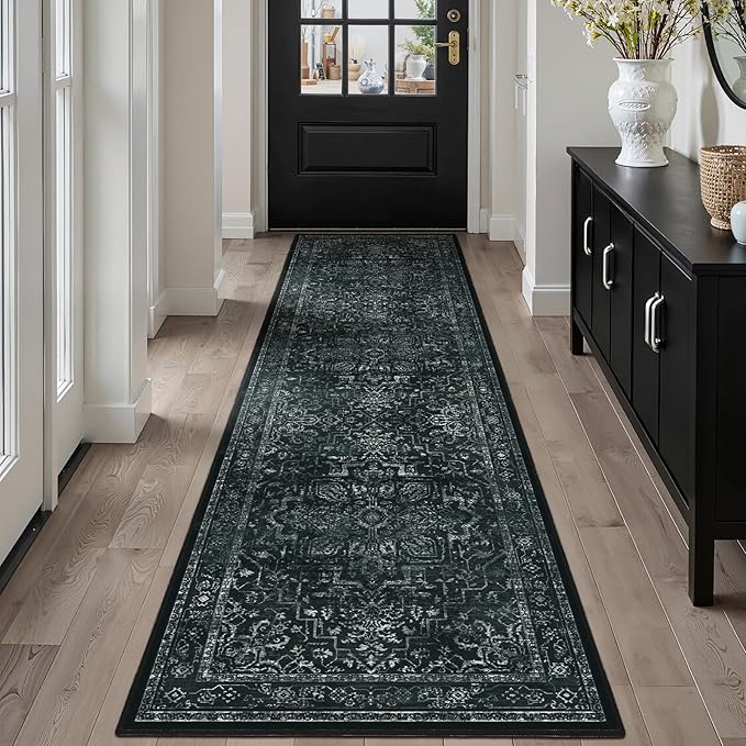 Black White 2x8 Kitchen Runner Rug, Washable Non Slip Hallway Entryway Runner Indoor, Low Pile Vintage Medallion Distressed Carpet Runners 8ft for Bedroom Bedside/Laundry Room/Bathroom
