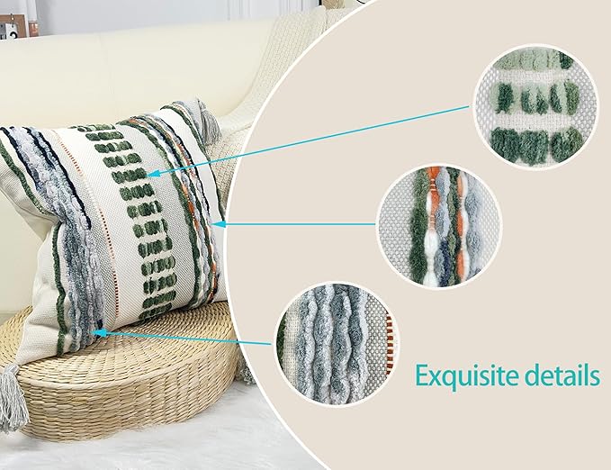 Boho Throw Pillow Covers 18x18 Aesthetic Neutral Boucle Couch Pillow Cover Rainbow Striped Decorative Accent Pillow Case for Couch Bed Sofa Farmhouse Bedroom,Modern Funky,Set of 2 Sage Green