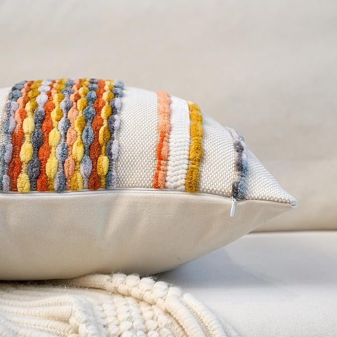 Aeckself Boho Pillow Covers 18x18 Inch Set of 2, Farmhouse Decorative Striped Square Chenille Tufted Accent Neutral Throw Pillow Covers for Living Room Couch Bed, Yellow Orange