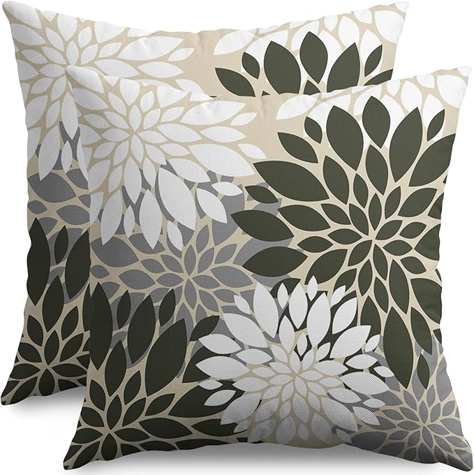Olive Green White Grey Gray Pillow Covers 22X22 Inch Set of 2, Modern Dahlia Floral Print Decorative Throw Pillow Covers Outdoor Farmhouse Cushion Case for Home Couch Sofa Bed Decoration