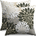 Olive Green White Grey Gray Pillow Covers 18X18 Inch Set of 2, Spring Modern Geometry Dahlia Floral Print Decorative Throw Pillow Covers Outdoor Farmhouse Cushion Case for Couch Sofa Bed Decor