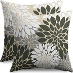 Olive Green White Grey Gray Pillow Covers 18X18 Inch Set of 2, Spring Modern Geometry Dahlia Floral Print Decorative Throw Pillow Covers Outdoor Farmhouse Cushion Case for Couch Sofa Bed Decor