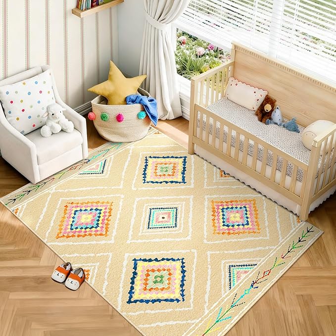 Area Rug 8x10 Rug Machine Washable Non-Slip Low Pile Print Pattern Western Rug for Living Room Bedroom Entryway Tribal Series -Cream/Beige