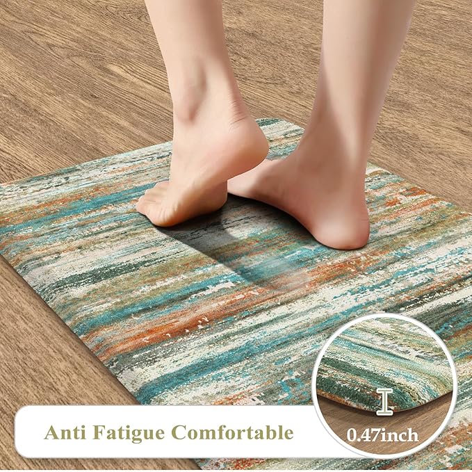 KIMODE Kitchen Mats Cushioned Anti Fatigue 17"x47"+17"x29", Abstract Farmhouse Kitchen Mats for Floor 2 Piece, Padded Kitchen Floor Mats Non Slip, Standing Mat for Laundry Office Sink Desk Colorful