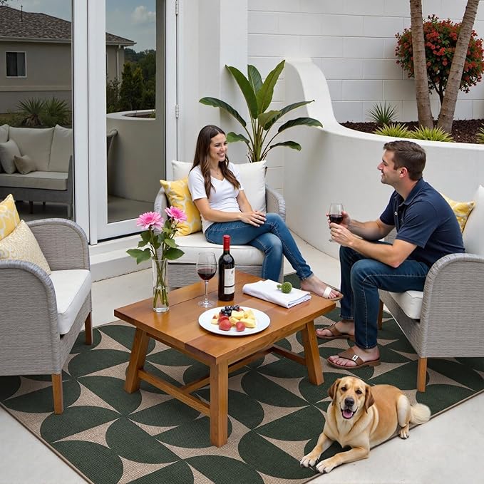 Lahome Modern Geometric Easy Jute 3x5 Entryway Washable Rug, Green Outdoor Carpet for Porch Patio, Neutral Semi-Circle Indoor Mat for Living Room Office Classroom
