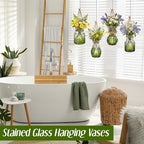 4 Pcs Stained Glass Hanging Vases Hanging Glass Planters Small Plant Terrarium Pot Containers with Rope for Garden Home Indoor Outdoor Decor, 4 Styles (Trendy)