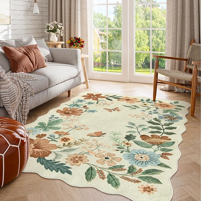 Lahome Floral Bedroom Rug,4x6 Washable Area Rugs for Living Room Dining Room, Non Slip Ultra-Thin Stain Resistant Boho Throw Carpet for ‎Office Flore (4x6ft,Beige)