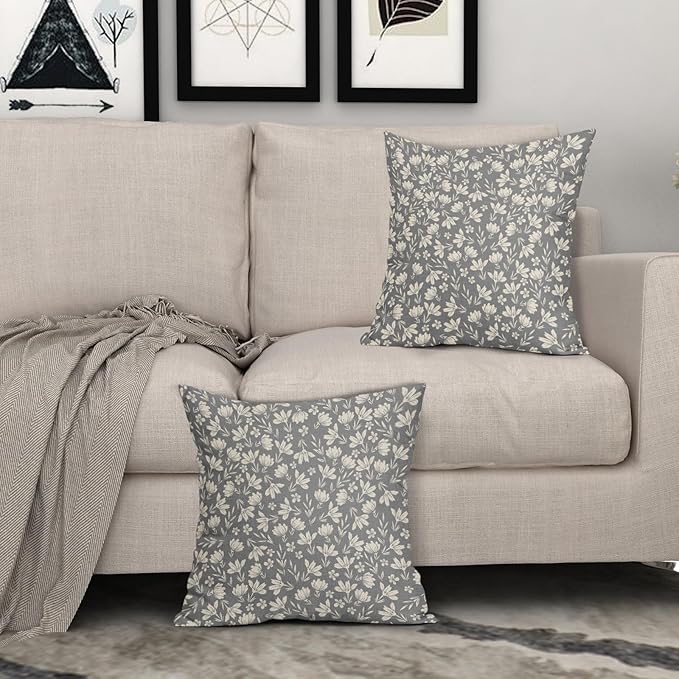 Grey Gray Pillow Covers 18x18 Set of 2 Vintage Floral Rustic Old Style Cute Flower Print Decorative Outdoor Pillowcases Seasonal Farmhouse Throw Cushion Case Decor for Couch Sofa Bed