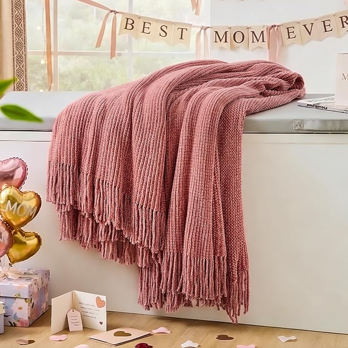 inhand Coral Pink Chunky Chenille Throw Blanket for Couch Bed, Mothers Day/Mom Birthday Gifts for Mom from Daughter Son,Soft Boho Knitted Blanket,Cozy Decor for Living Room,60"x80",Extra Thick