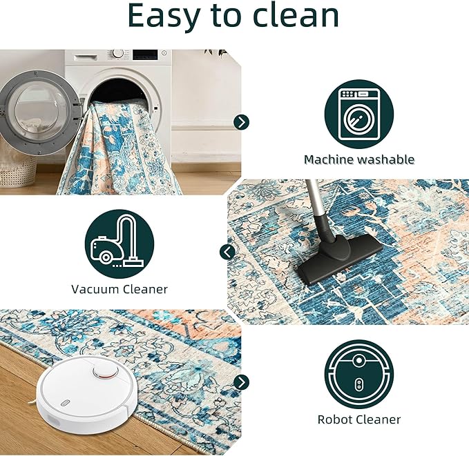 YJ.GWL Area Rugs for Living Room 9x12 Machine Washable Rugs, Non Slip Floral Vintage Rug Indoor Carpet, Stain Resistant Large Rug for Bedroom Dining Room, Dark Blue