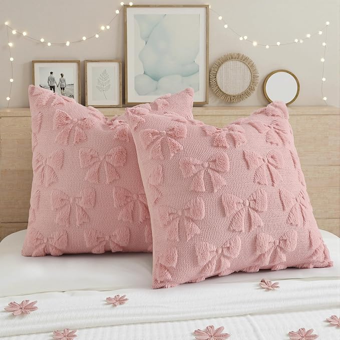 decorUhome Pink Bow Pillow Covers Set of 2 Coquette Aesthetic Cute Preppy Plush Faux Pillowcases for Girly Bedroom or Couch 16x16 Inch